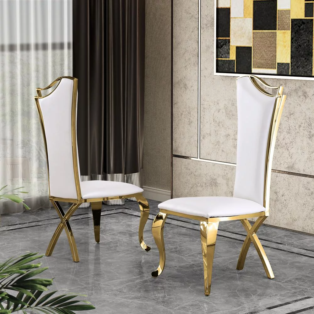 Elegant Side Chairs in White Faux Leather and Gold Stainless Steel (Set of 2)