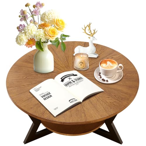 Coffee Table, Round Wood Coffee Table for Living Room with 2-Tier Table Top with Storage Rack, Metal Leg Triangle Support Design, Home Furniture