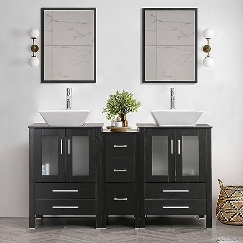 60" Double Vanity (2 * 24" Vanity,2* Porcelain Vessel Basin Sink,1 * 12" Side Cabinets),Double Bathroom Vanity Top with Porcelain White Sink