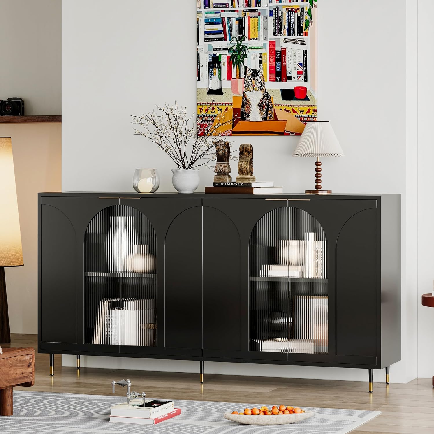 Buffet Cabinets with Lockers, Accent Lockers with Black Lacquered Wood and 4 Fluted Glass Doors, with Metal Legs, Modern Kitchen Sideboards