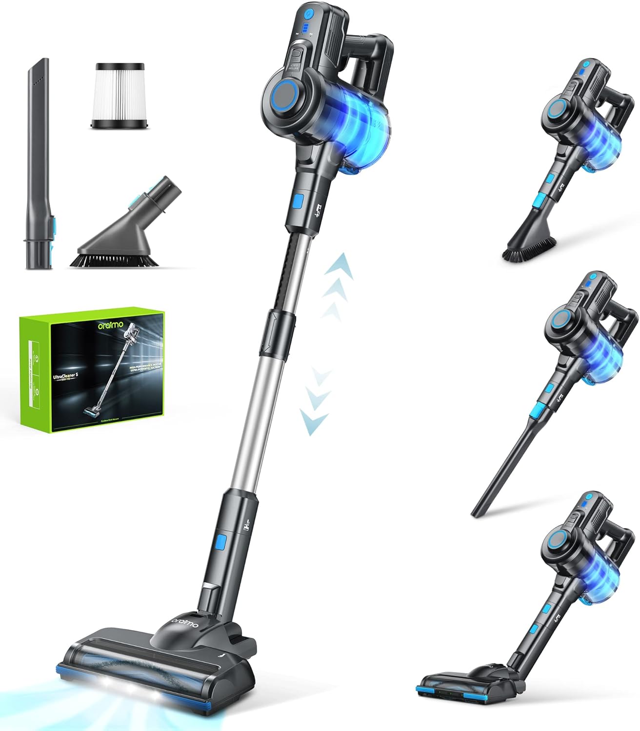 Oraimo Stick Vacuum, Cordless Vacuum Cleaner with Self-Standing, Cordless Stick Vacuum with 35 Mins Runtime Detachable Battery
