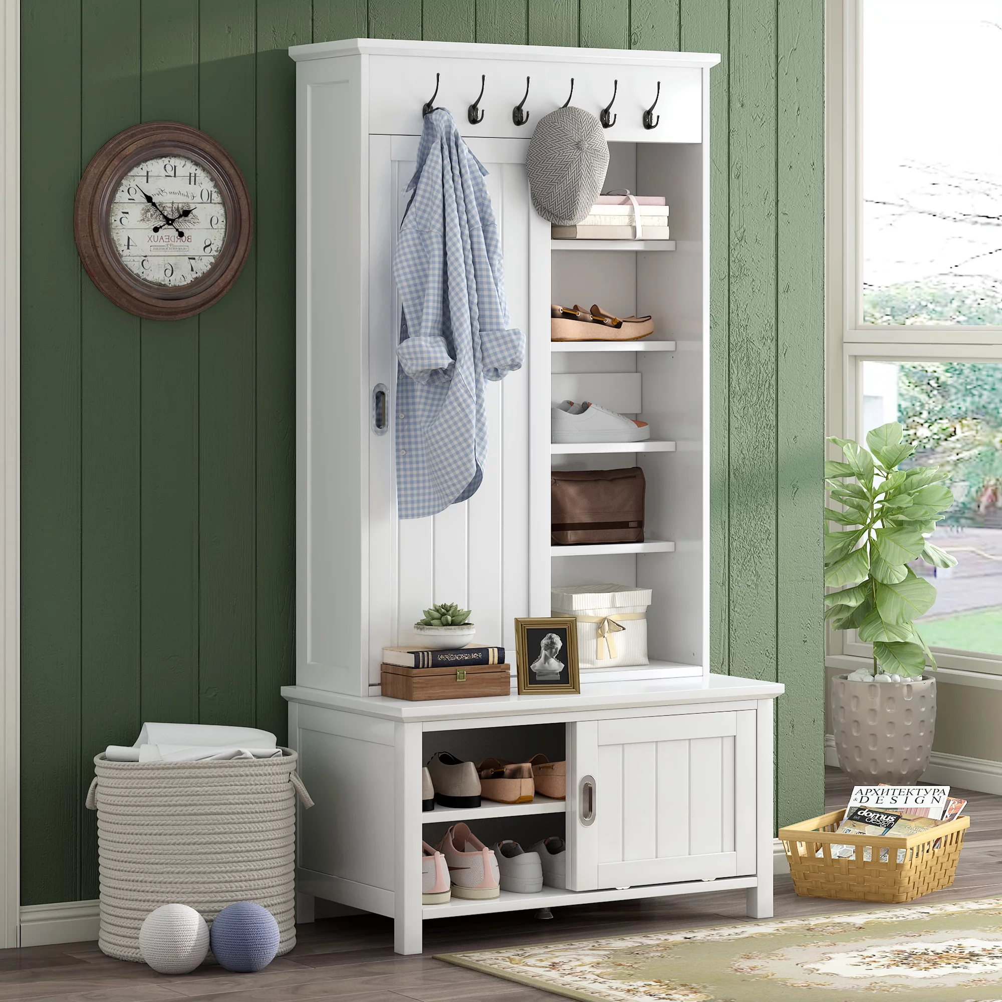 CoSoTower Multifunctional Hall Tree with Sliding Doors, Wooden Hallway Shoe Cabinet with Storage Bench and Shelves
