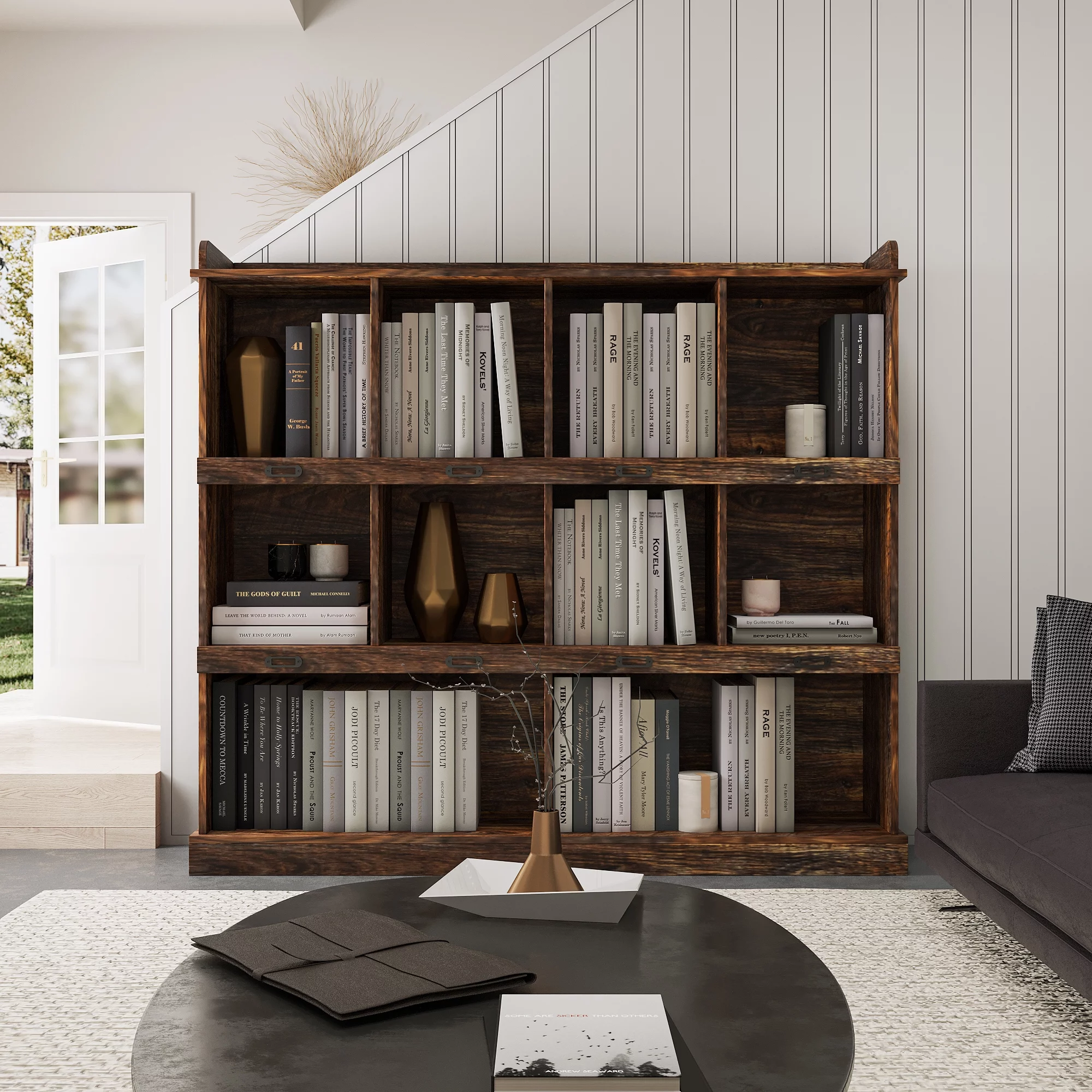Royard Oaktree 10-Cube Bookcase Freestanding 3-Tier Open Bookshelf Wood Cube Storage Organizer with 10 Storage Compartments and Top Shelf Retro