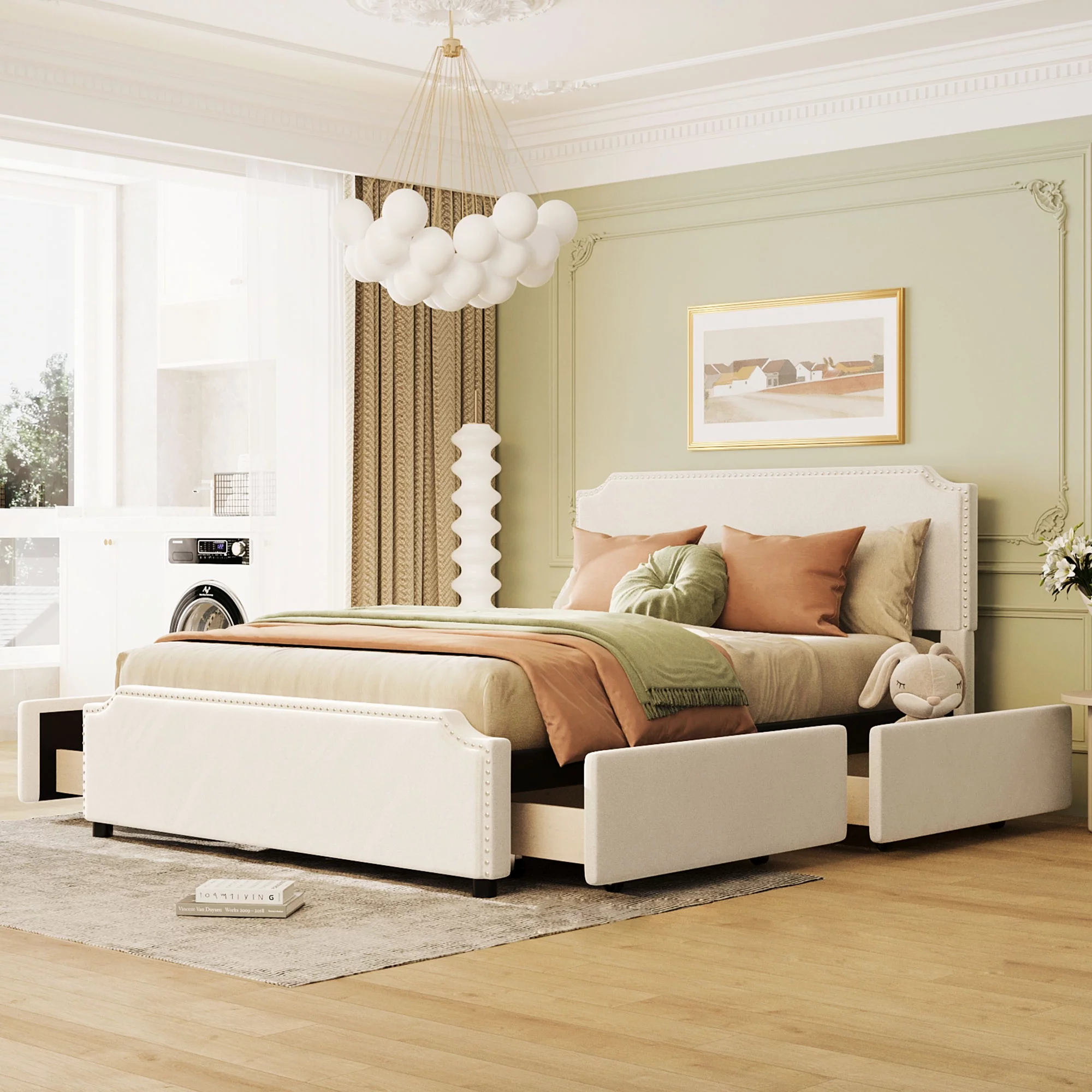 Upholstered Queen Size Bed with 4 Storage Drawers,Upholstered Platform Bed Frame with Stud Trim Headboard and Footboard