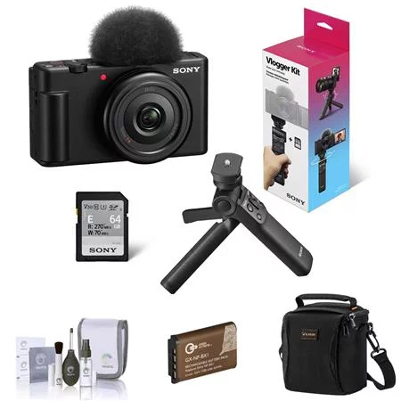 ZV-1F Vlogging Camera, Black Bundle with ACCVC1 Vlogger Accessory Kit, Extra Battery, Shoulder Bag, Cleaning Kit