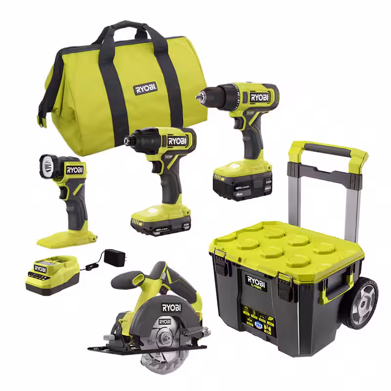 ONE+ 18V Cordless 4-Tool Combo Kit with 1.5 Ah Battery, 4.0 Ah Battery, Charger, and LINK Rolling Tool Box