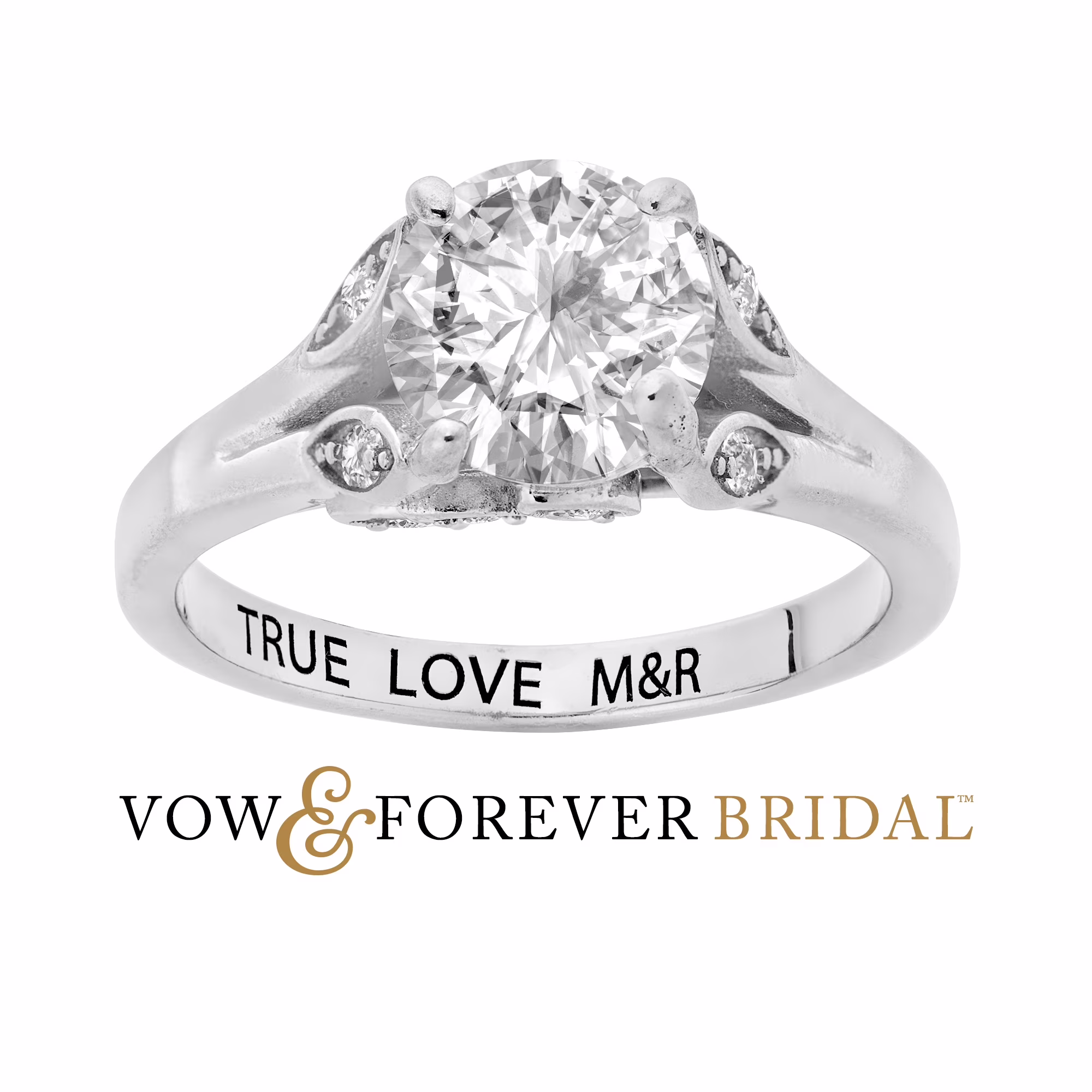 Vow & Forever Personalized Planet Bridal Platinum over Sterling Silver Brilliant White Topaz with Leaf Detail Engraved Wedding Ring ,Women's
