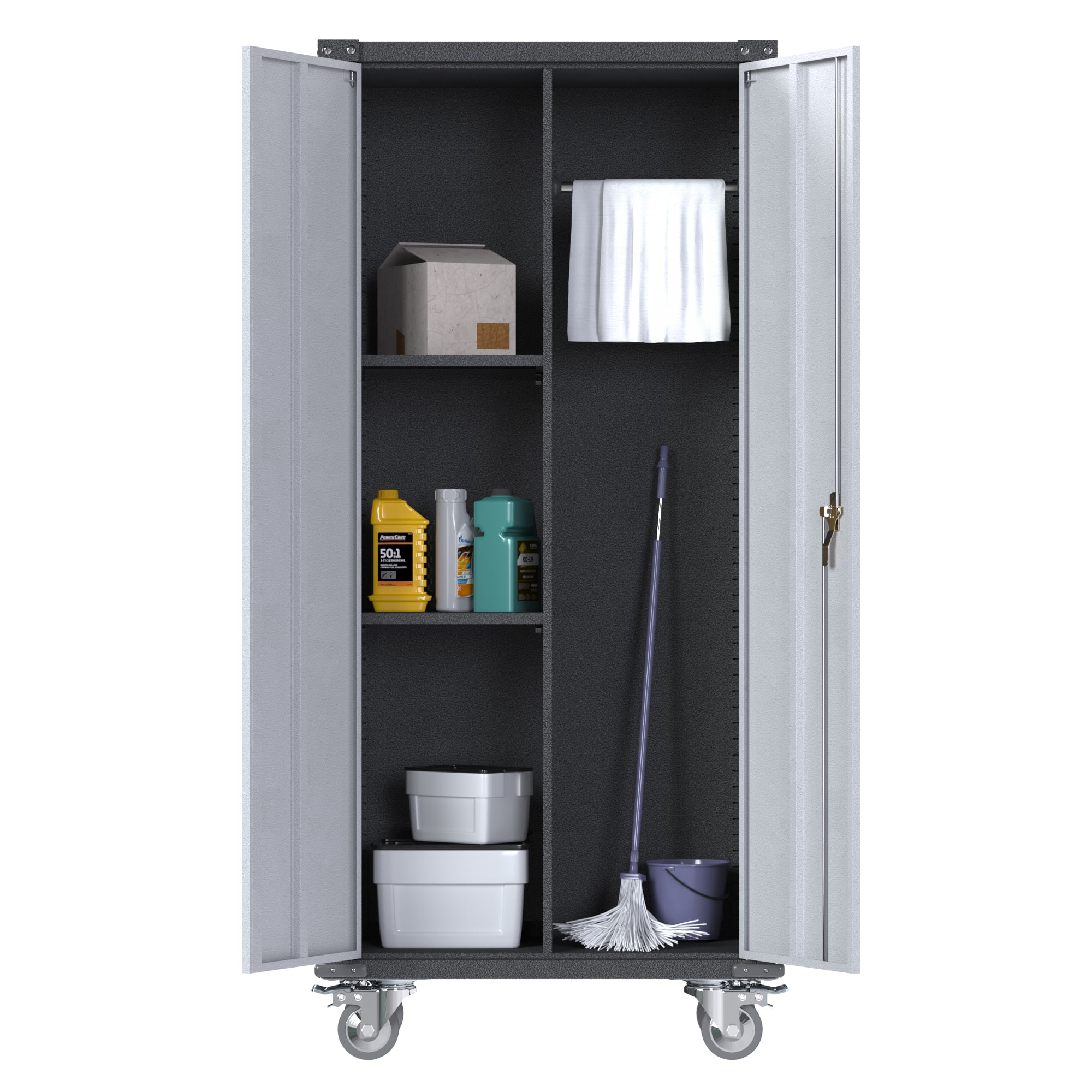 GangMei Metal Rolling Storage Cabinet with Hanging Rod, Large Steel Utility Tool Storage Cabinets with 2 Shelves & Locking Doors