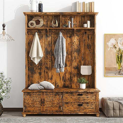 3-in-1 Hall Tree, Coat Rack, Multiple Mudroom Bench with Metal Hooks, Storage Space and 24 Shoe Cubbies for Entryway, White, 15.7 x 60 x 77.1 inches