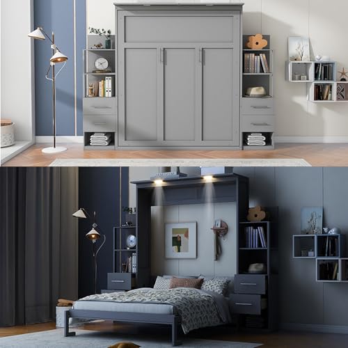 Harper & Bright Designs Gray Queen Murphy Bed with Storage Shelves, Drawers and LED Light, Cabinet Queen Bed with Flexible Slats Support
