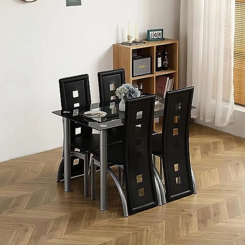 HJZBNONE White Dining Table Set for 4  Modern Glass Kitchen Table and Chairs Set  Space Saving Dining Room Table Set with 1 Glass Dining Table and 4