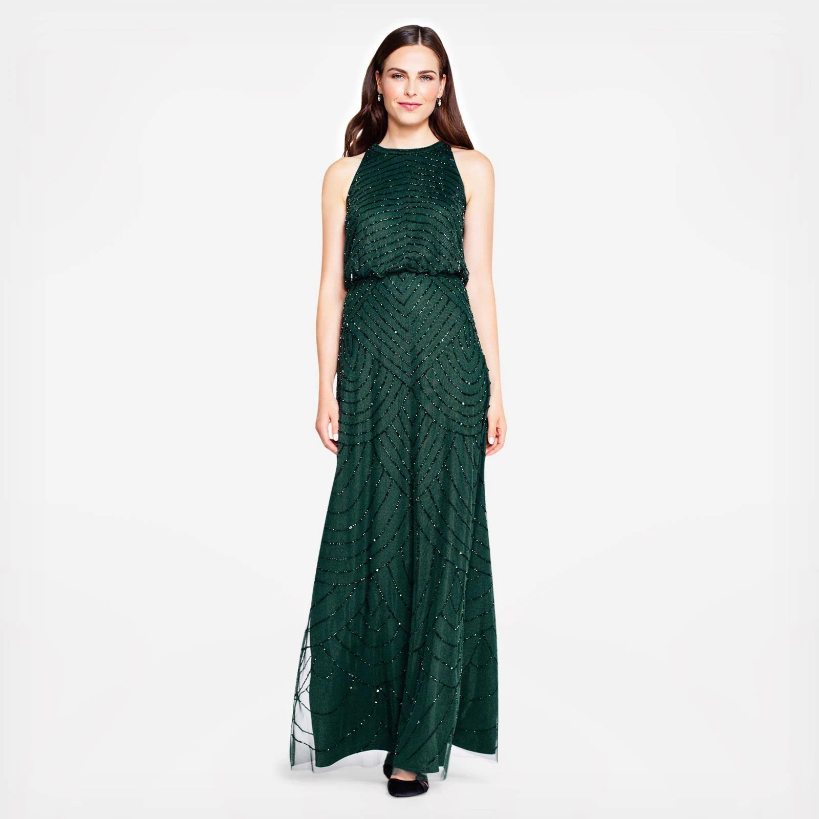 Adrianna Papell Beaded Keyhole Back Halter Gown - 14