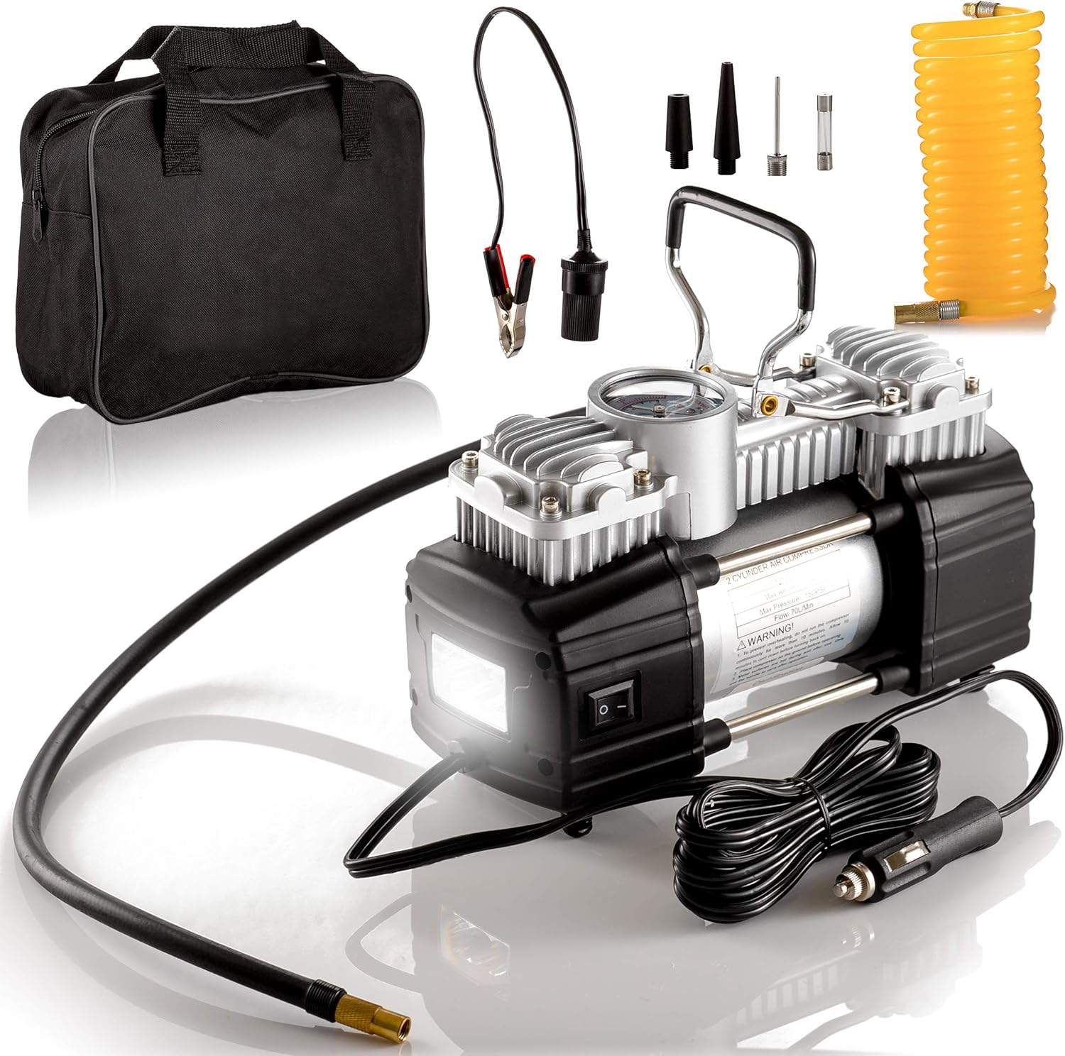 Portable Double Cylinder Air Compressor Tire Inflator with LED Flashlight, 12V Compact Air Pump for Car Tires, 150 PSI Heavy-Duty Metal Tire Pump