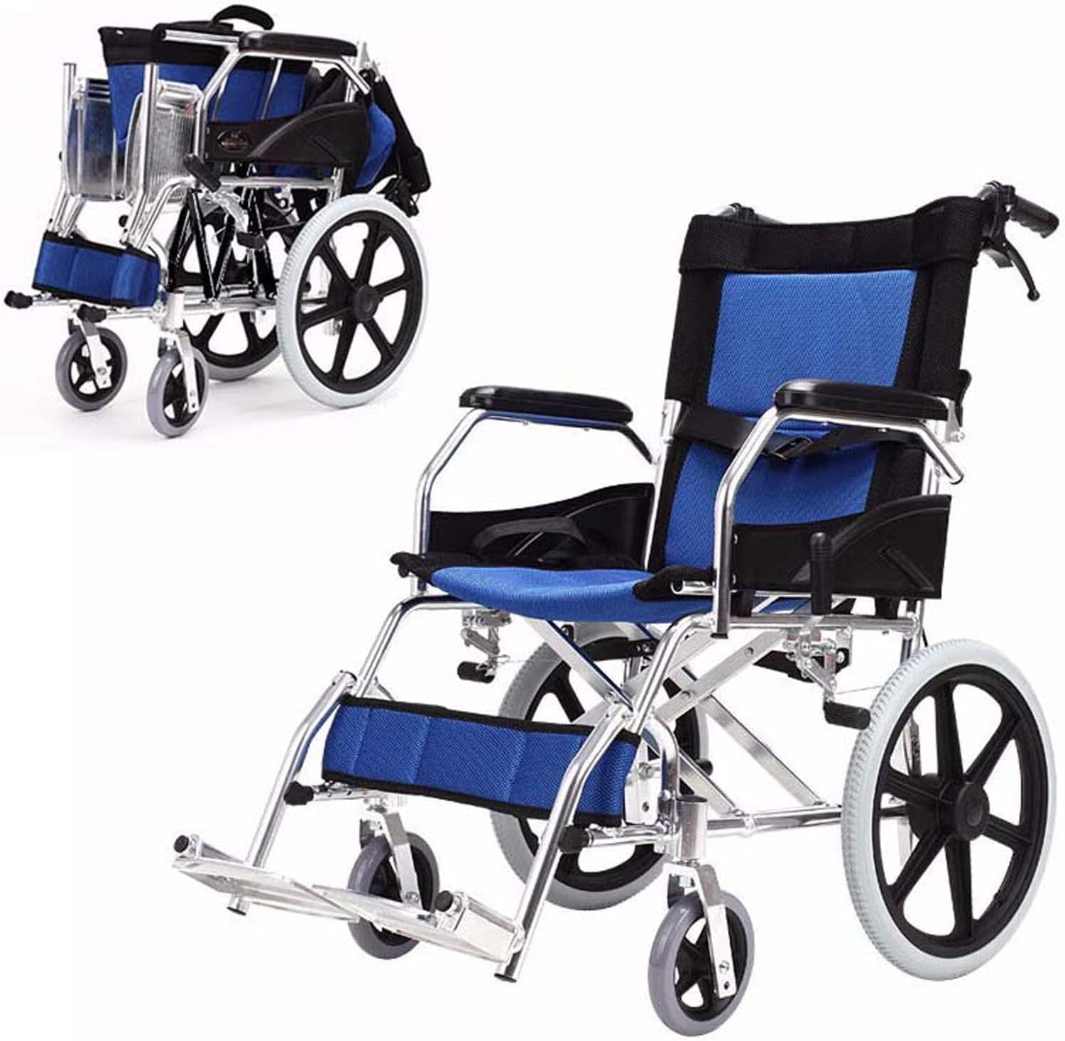 Lightweight Transport Wheelchair with Handbrakes, Folding Transport Chair for Adults with Swing-Away Footrest