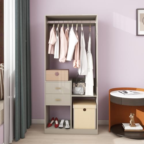 Wooden Closet System Wardrobe: Walk-in Closet Systems Wall Mount Closet with 4 Drawers and Shelves Clothes Storage Closet with 2 Hanging Rods 63"W x