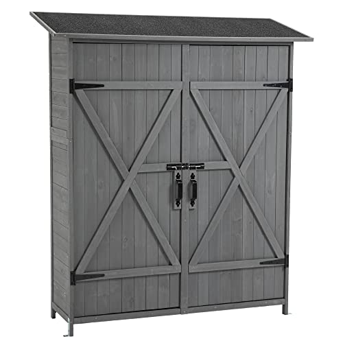 Outdoor Storage Cabinet, Outside Wood Shed with Waterproof Roof & Detachable Shelves & Double Locks, Vertical Tool Storage Box for Patio, Garden