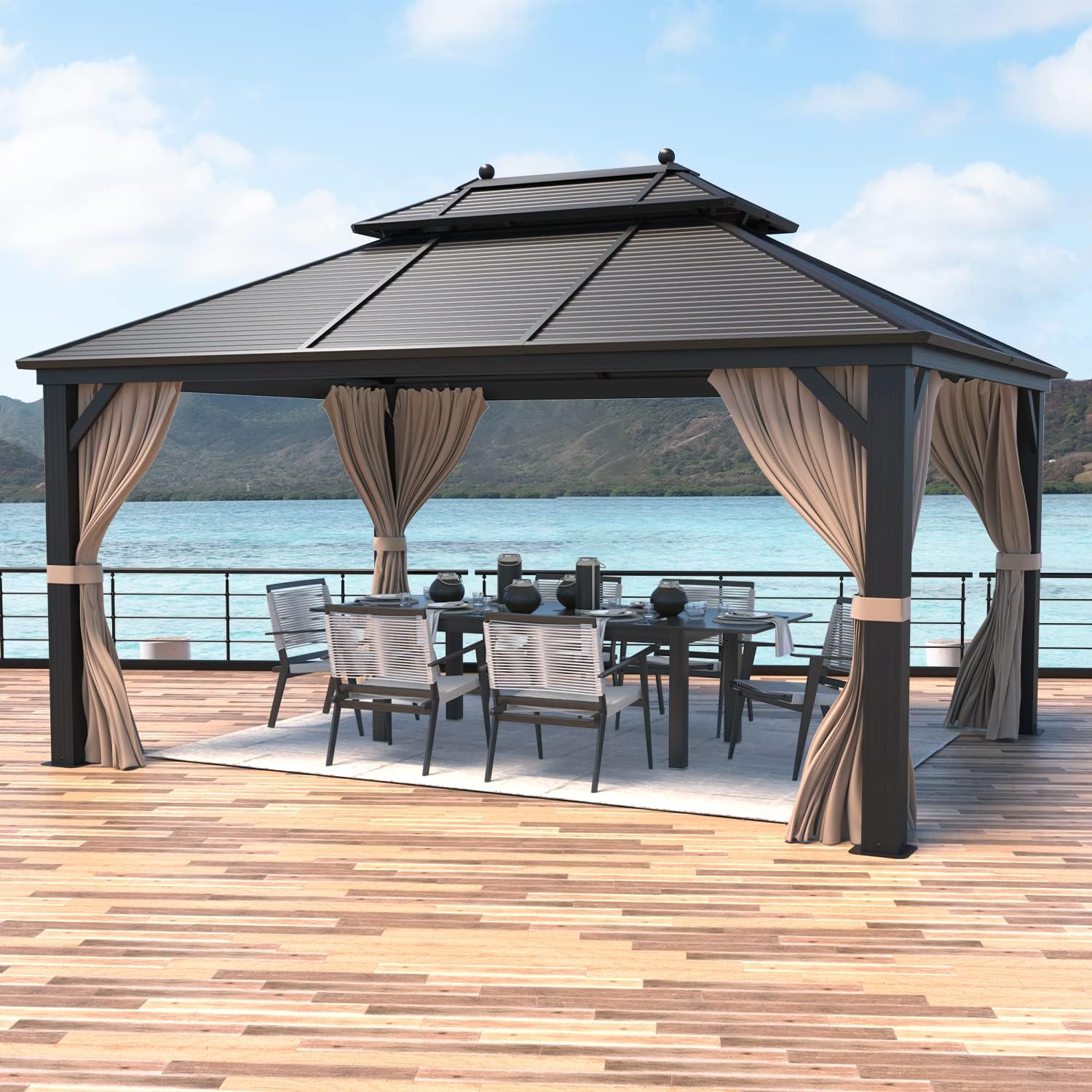 EROMMY Hardtop Gazebo Galvanized Steel Outdoor Gazebo Canopy Double Vented Roof Pergolas Aluminum Frame with Netting and Curtains for Garden,Patio