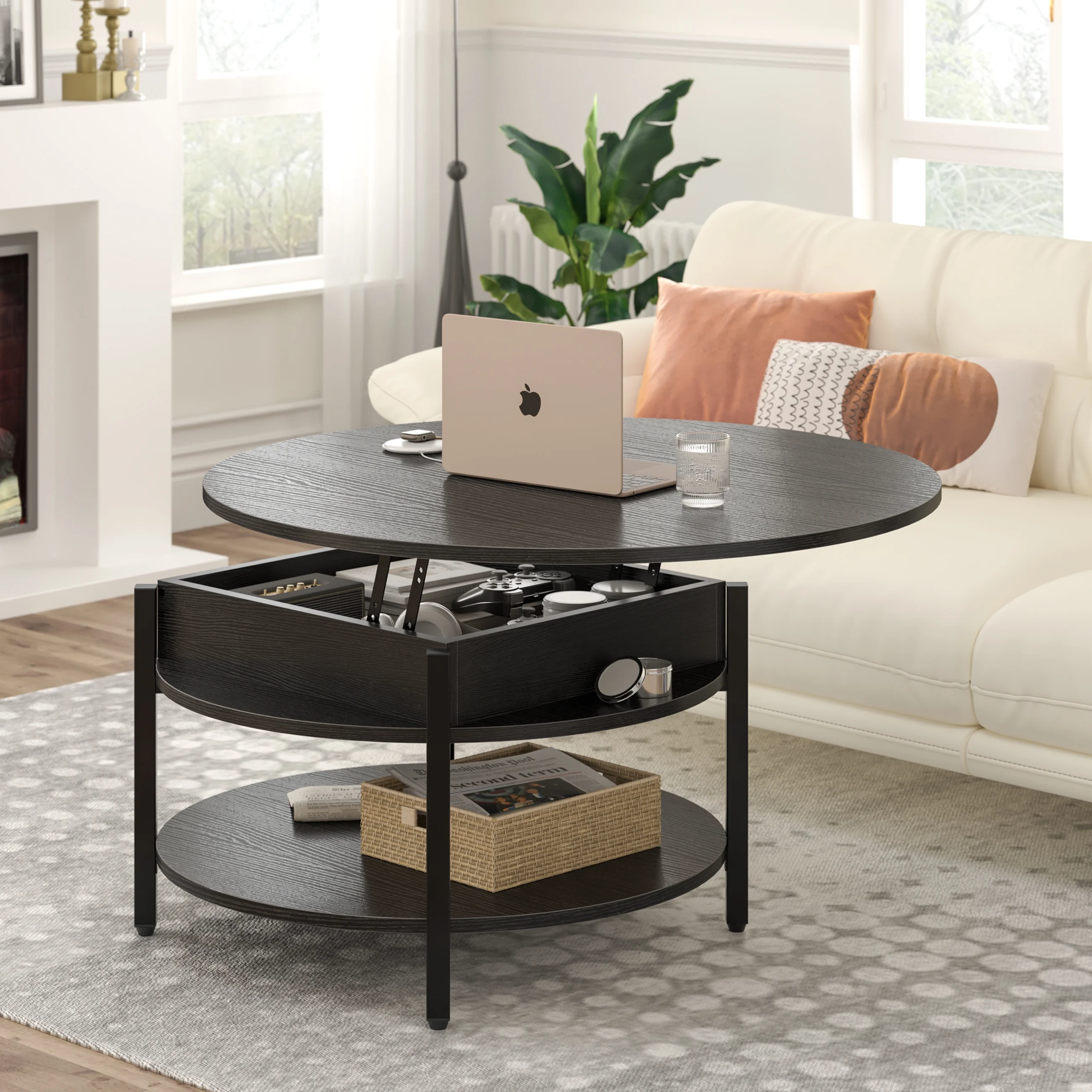 GUNAITO Round Lift Top Coffee Table with Storage Modern Farmhouse Center Table with Shelf Small Circle Table for Living Room for Living Room Black