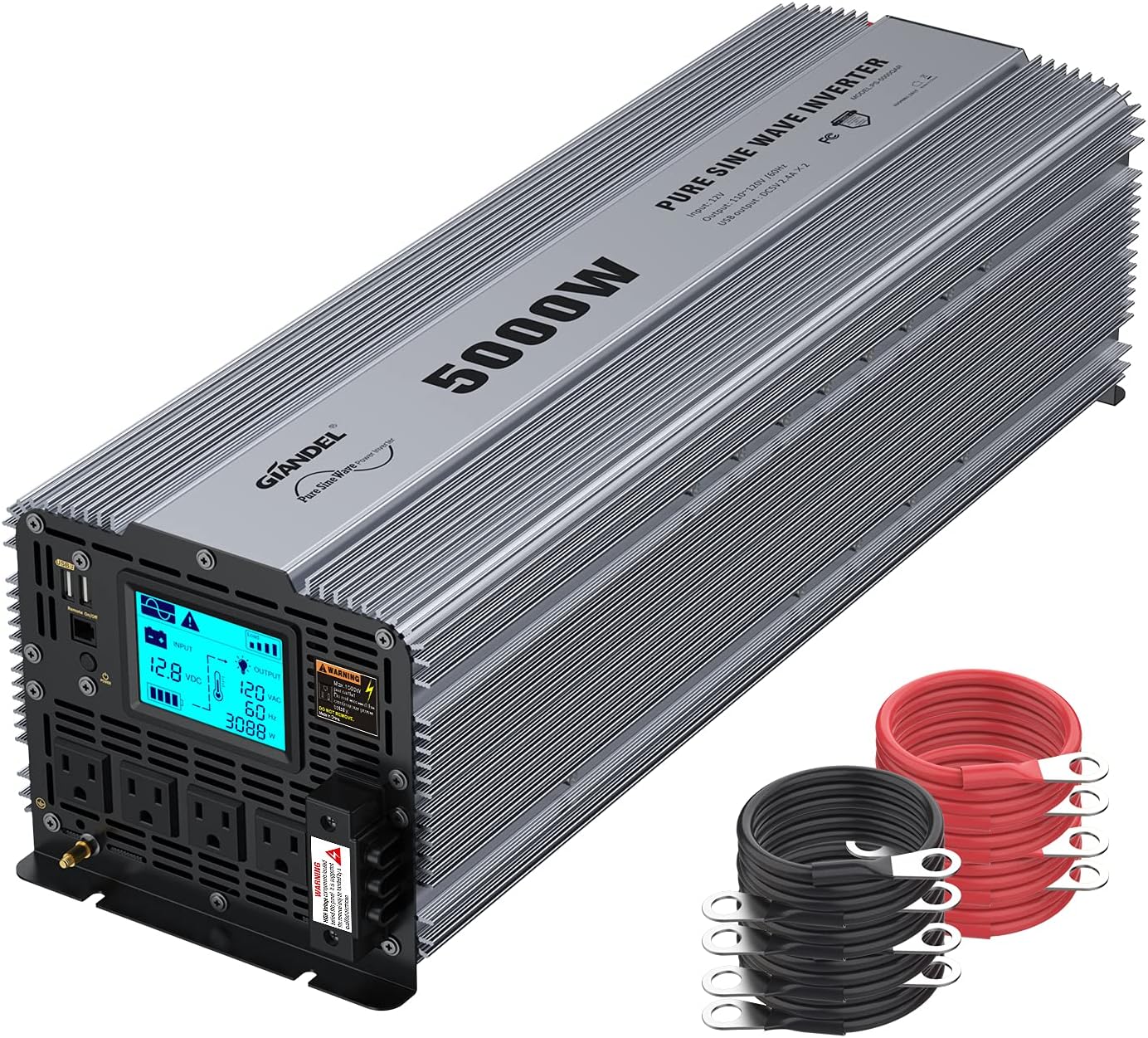 GIANDEL Pure Sine Wave Power Inverter 5000 Watt Converts DC 12 Volt to AC 120 Volt with Hard Wire Terminals & Push Mount Remote Control with LCD