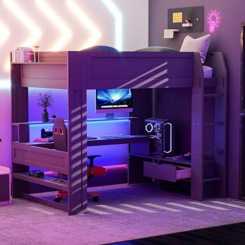Gaming Bed with Desk,Wardrobe,Ample Storage Space,and RGB LED Light, Full Size Wood Loft Bed for Kids Bedroom (Cloud Blue/K)