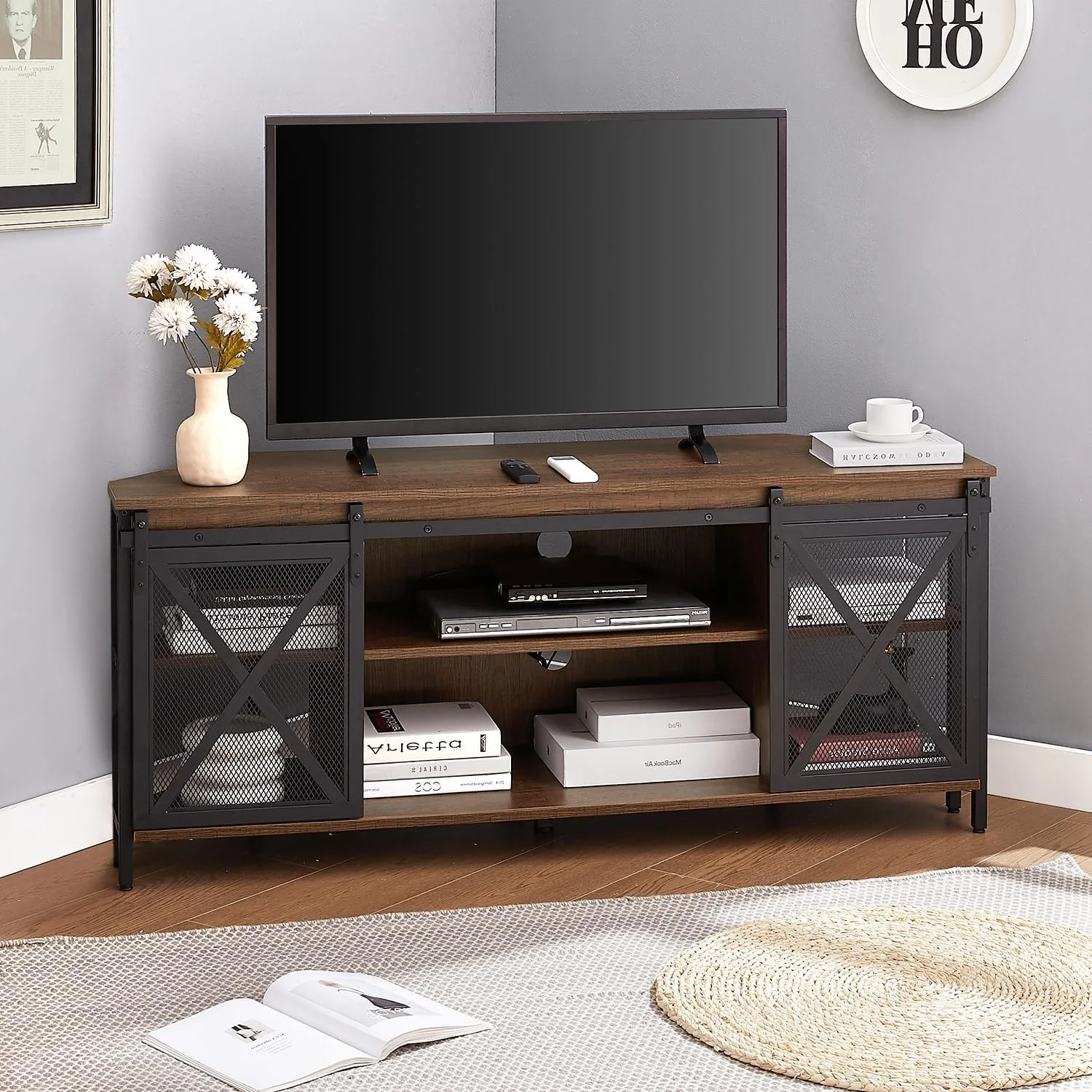 FJU Corner TV Stand, Corner TV Stand for 55 60 Inch TV, Industrial & Farmhouse Corner Entertainment Center w/Sliding Barn Door
