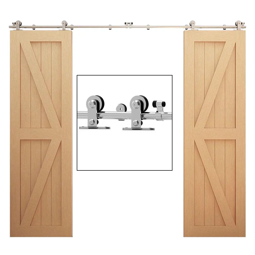 CCJH 14Ft Stainless Steel Sliding Barn Door Hardware Kit Heavy Duty Fit 42" for Double Wood Door