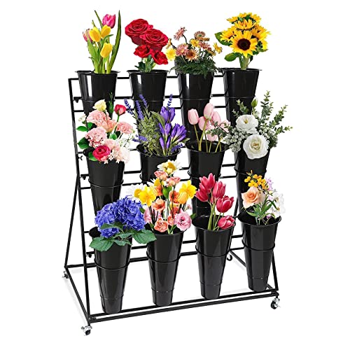 Flower Display Stand With 12PCS Buckets, 3 Layers Metal Plant Stand With Wheels, Heavy Duty Moving Plant Shelf, For Indoor, Outdoor Patio Garden