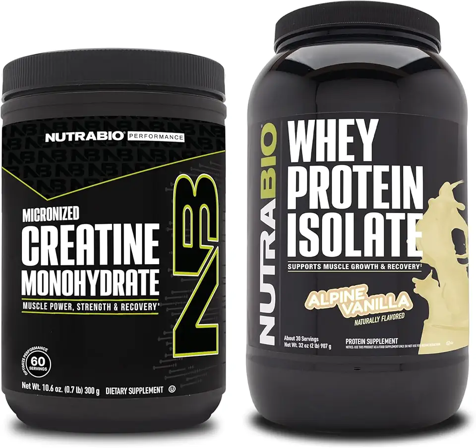 NutraBio Creatine Monohydrate, Unflavored, 300g and Whey Protein Isolate, Alpine Vanilla, Supplement Bundle - Muscle Energy, Lean Muscle Growth