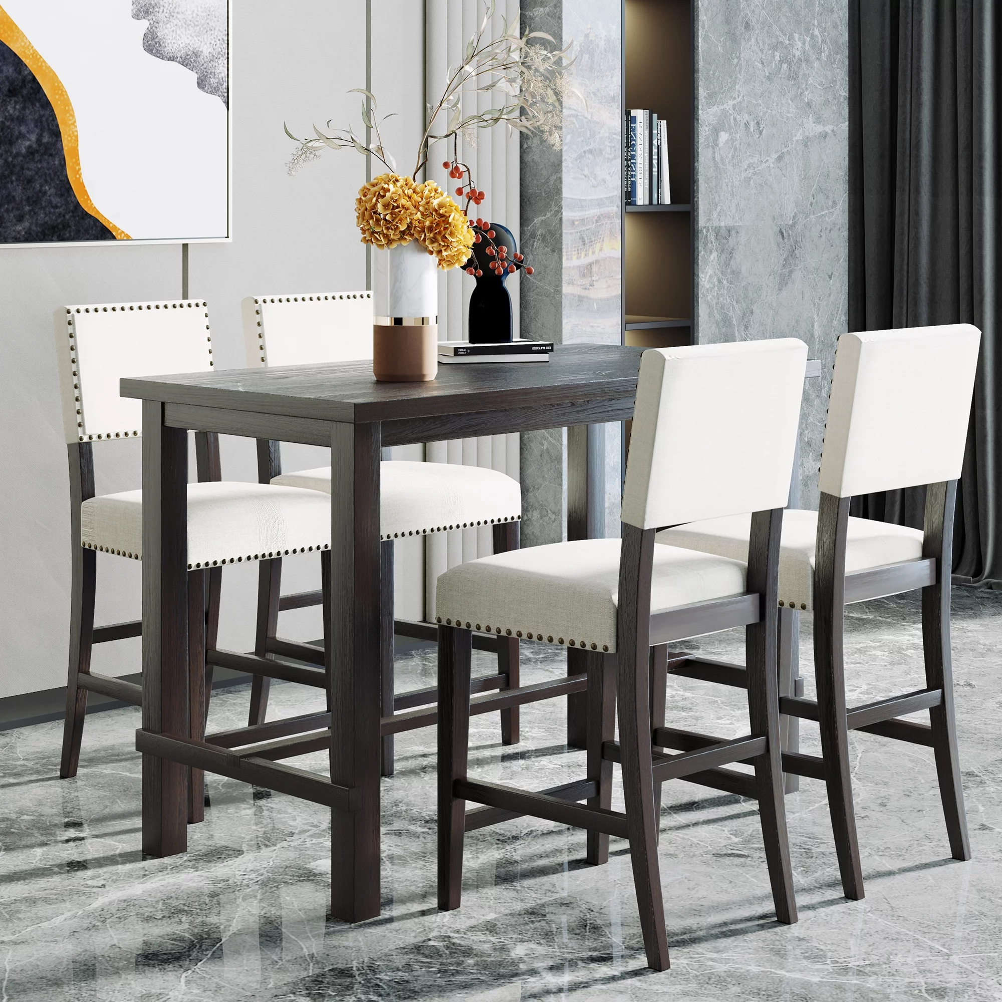 Bellemave Dining Table Set for 4, 5 Piece Counter Height Table Set with One Rectangle Table and 4 Cushioned Chairs