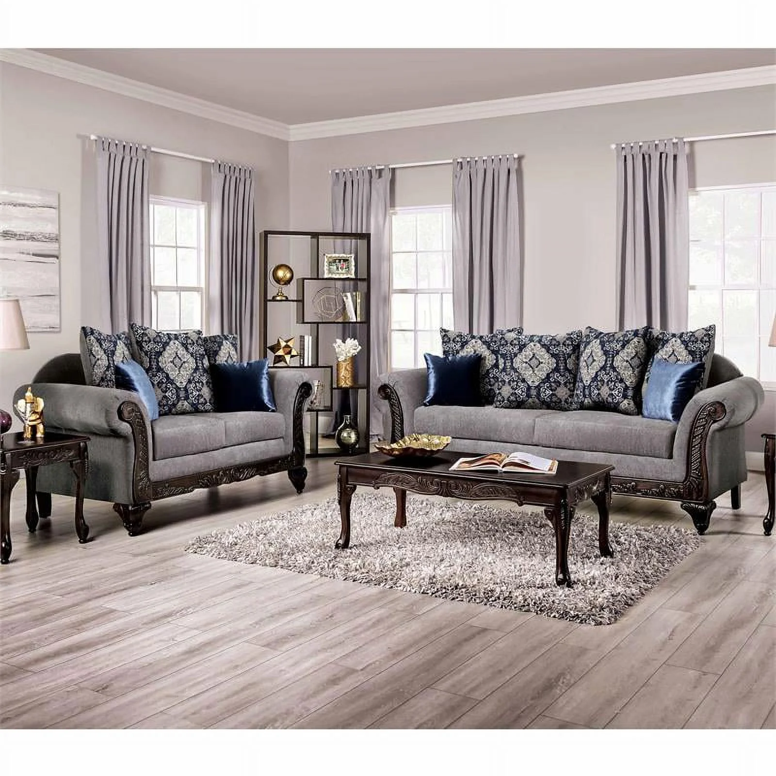 Furniture of America Lantz Traditional Chenille 2-Piece Sofa Set in Gray