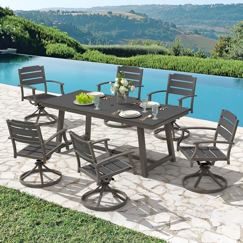 Outdoor Table and chairs Set 5Pcs,HDPS Patio Dining Set Swivel Rocking with Umbrella Hole, Aluminum Frame with HDPS Seat