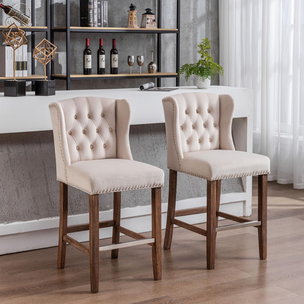 Counter Height Bar Stools, Upholstered 27" Seat Height Barstools, Wingback Breakfast Chairs with Nailhead-Trim & Tufted Back, Wood Legs