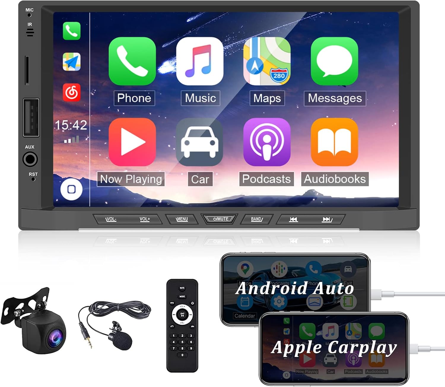 Double Din Car Stereo Radio with Carplay and Android Auto, AMprime 7'' Touch Screen Universal Car Multimedia Player with Bluetooth, FM Radio