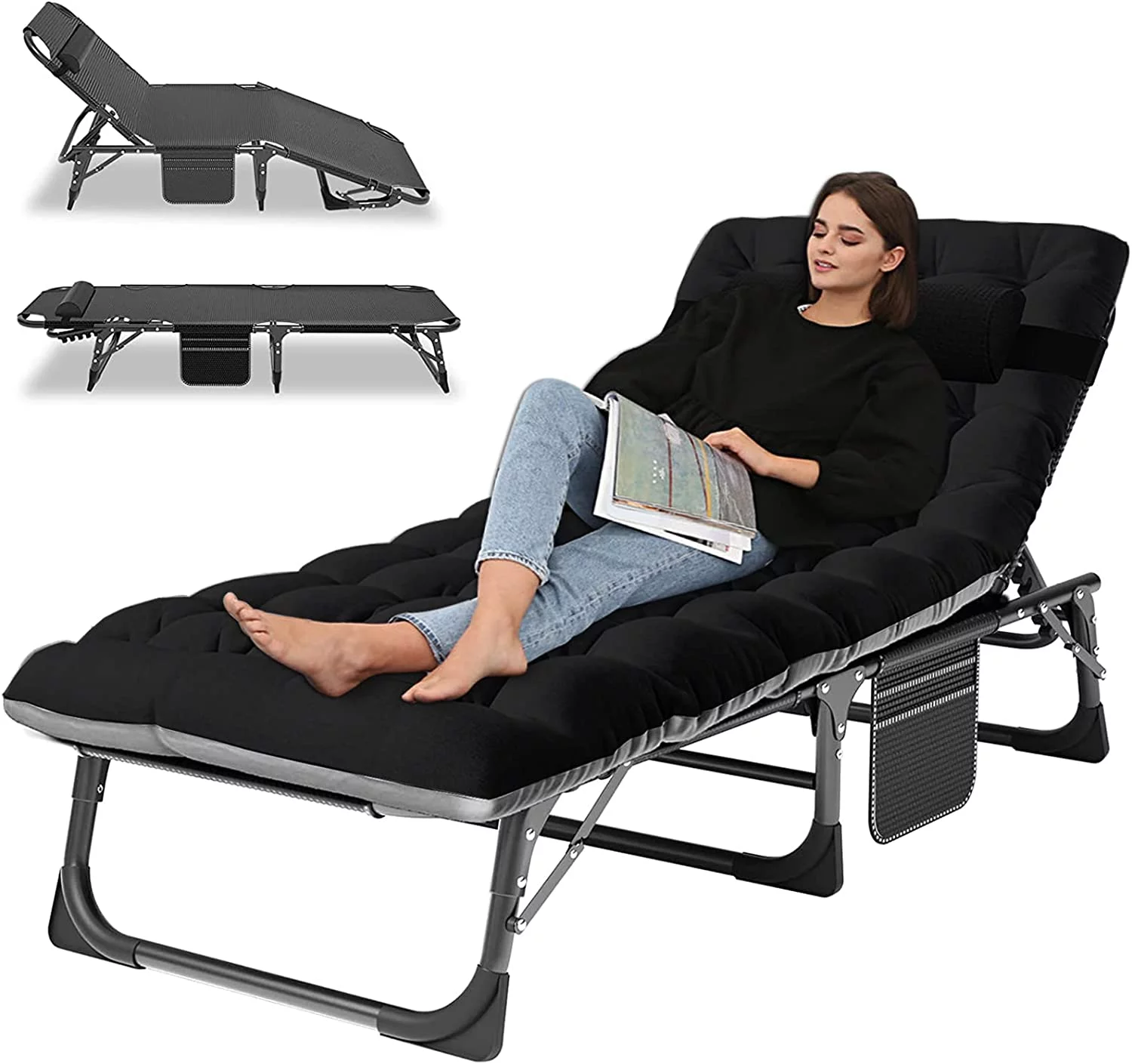 Slsy Folding Sleeping Cots Bed with 2 Sided Mattress & Pillow, Folding Camping Cot, Adjustable 4-Position Folding Lounge Chair