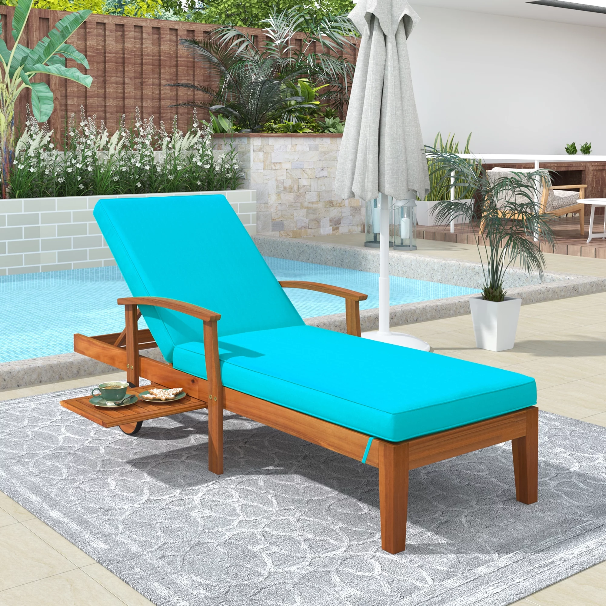 LYPER Outdoor Solid Wood 78.8" Chaise Lounge Patio Reclining Daybed with Cushion, Wheels and Sliding Cup Table for Backyard, Garden, Poolside