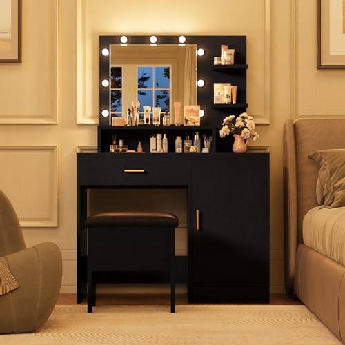 GAOMON Vanity Desk with Mirror and Lights, Makeup Vanity with Drawer, 3 Level Cabinets & 3 Tiers of Open Shelves, Bedroom Dressing Table, White