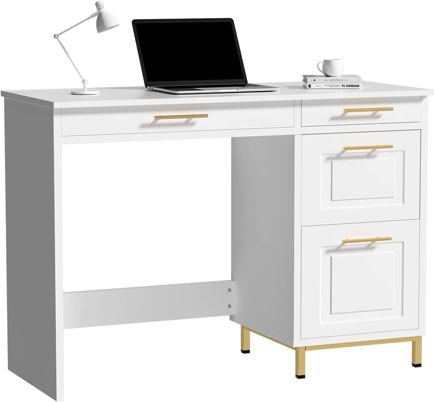 4 EVER WINNER Computer Desk with 4 Drawers  Home Office Desk White and Gold for Bedroom  Modern Writing Executive Desk with Drawers and Gold Base