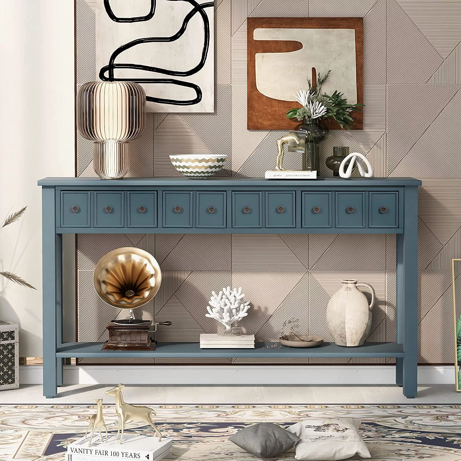 Console Table  Rustic Entryway Table  60" Long Sofa Table with 2 Different Size Drawers and Bottom Shelf for   Navy