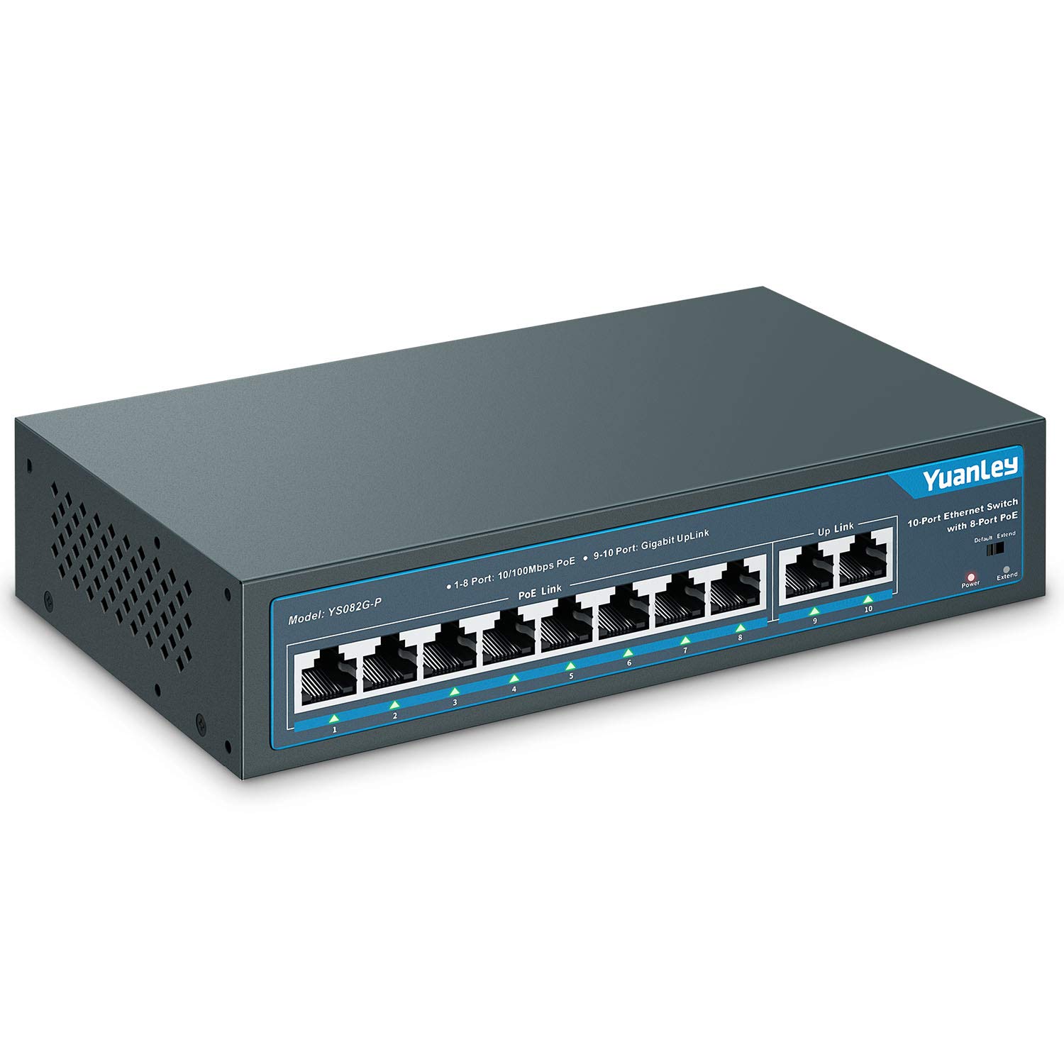 YuanLey 10 Port PoE Switch, 8 PoE+ Port 100Mbps, 2 Gigabit Uplink, 120W 802.3af/at, Extend Function, Metal, Fanless, Plug and Play Pack of 2