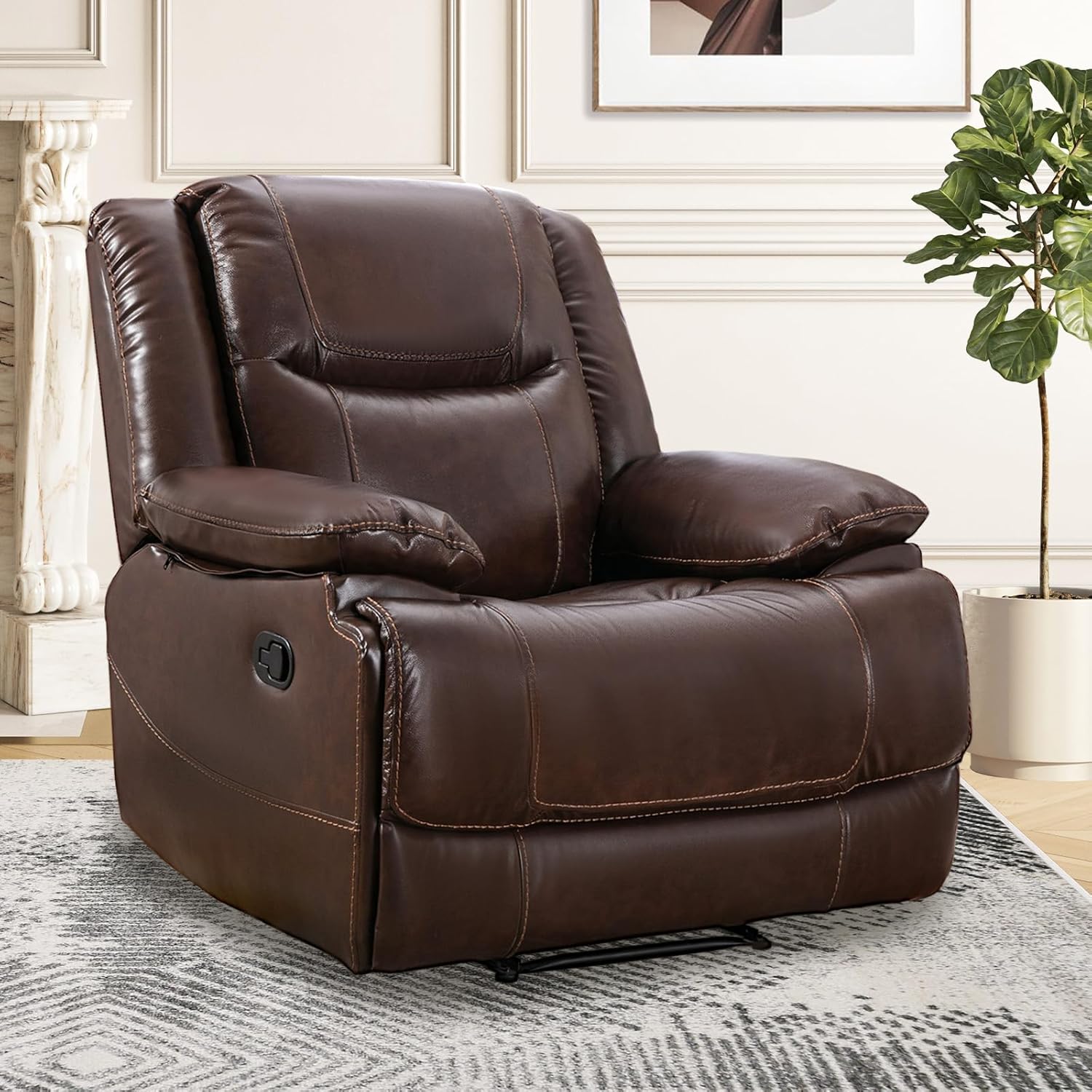 Genuine Leather Manual Recliner, Classic Traditional Reclining Chair with Overstuffed Back and Arm, Single Sofa Recliner Chair for Living Room