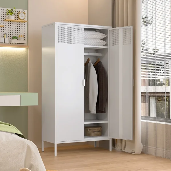Fithood Metal Wardrobe Cabinet, Armoire Wardrobe Closet with Hanging Rod and Doors, Metal Wardrobe Closet with Adjustable Shelves for Bedroom
