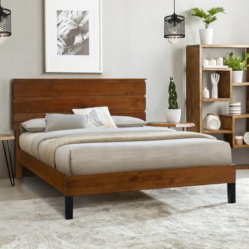Farmhouse Full Size Bed Frame w/ 45.5" Tall Headboard, Rustic Wood Platform Bed with Wood Slats Support, Noise Free, Mattress Foundation