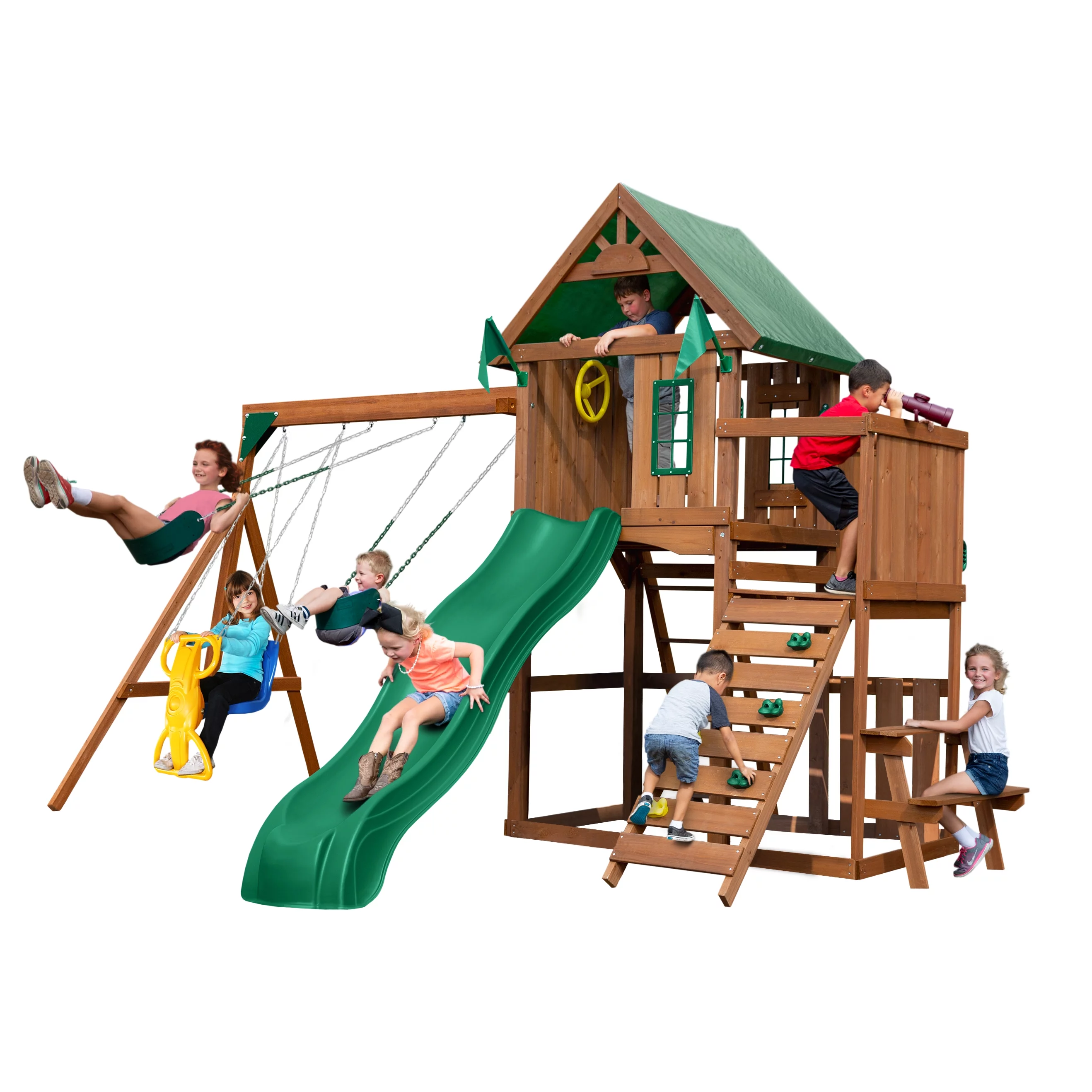 Swing-N-Slide Knightsbridge Wooden Backyard Swing Set with Alpine Wave Slide, Glider Swing, and Rock Climbing Wall - Radiant Selections