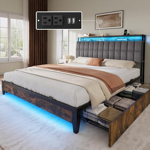 YITAHOME Queen Size Bed Frame with RGB LED Lights and 4 Drawers, Upholstered Platform Bed with Charging Station and Storage Headboard