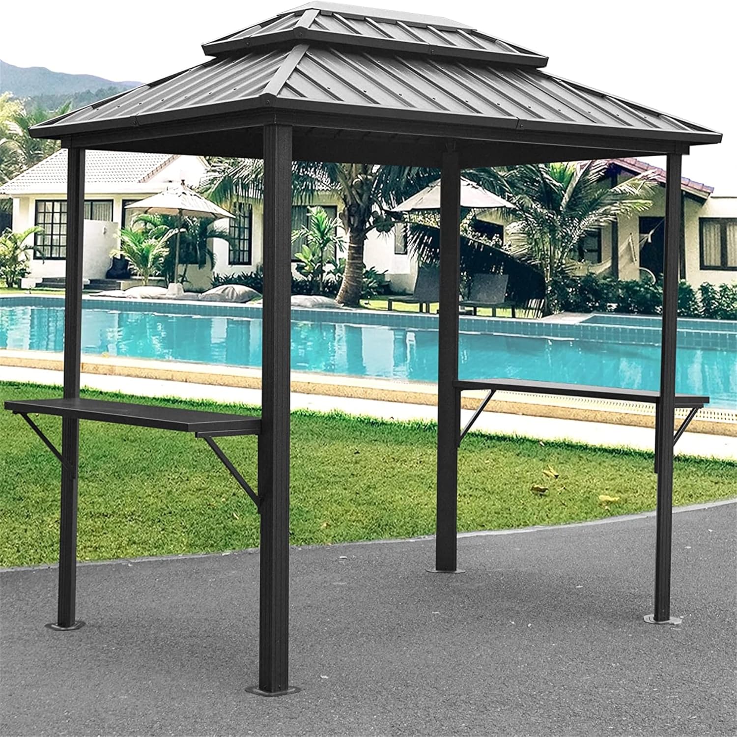 8x6FT Outdoor Aluminum Hardtop Grill Gazebo with 2 Shelves Serving Tables and Double Roof Hard Top, BBQ Pergolas w/Triangular Stand Pole&Hooks