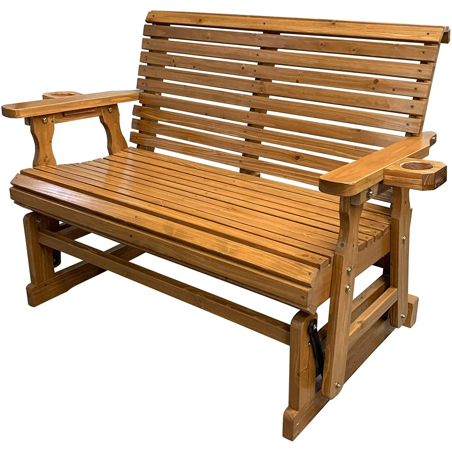 Innovaze 4 Foot Solid Fir Wood Patio Glider with Cupholders, High Roll Back, and Deep Contoured Seat, Brown