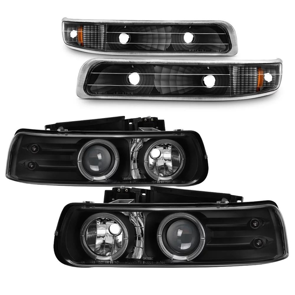 AKKON - Fits 1999-2002 Silverado 2000-2006 Suburban Tahoe Dual Halo Headlights + LED Bumper Lamps w/ Reflector - Black Housing