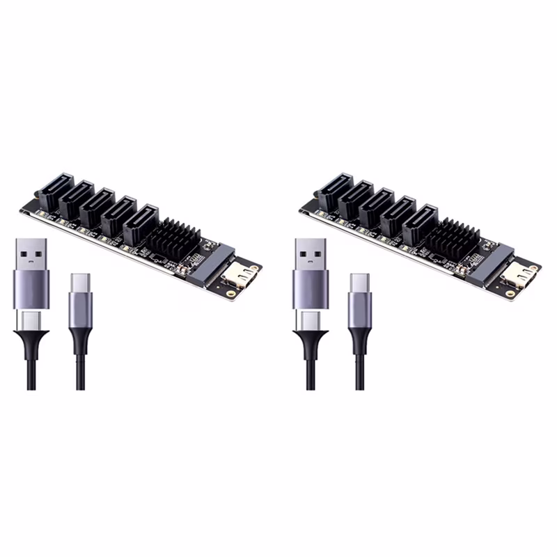 2X TYPE-C to SATA3.0 5 Ports Adapter Converter Card 6Gbps USB10G JM575+JMS580 for SSD HDD Expansion,2 x Expansion Card 2 x Data Cable,Black