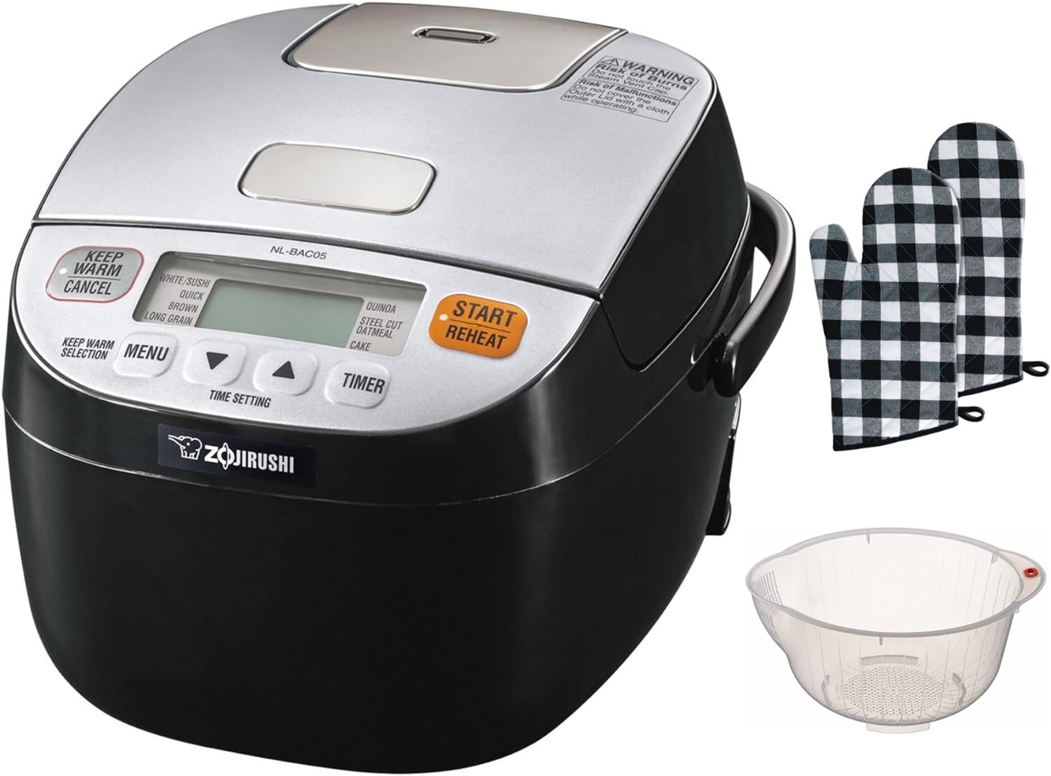 Zojirushi Micom Rice Cooker and Warmer (3-Cup) Bundle with 9.5-Inch Rice Washing Bowl with Side and Bottom Drainers and Check Oven Mitten (3 Items)