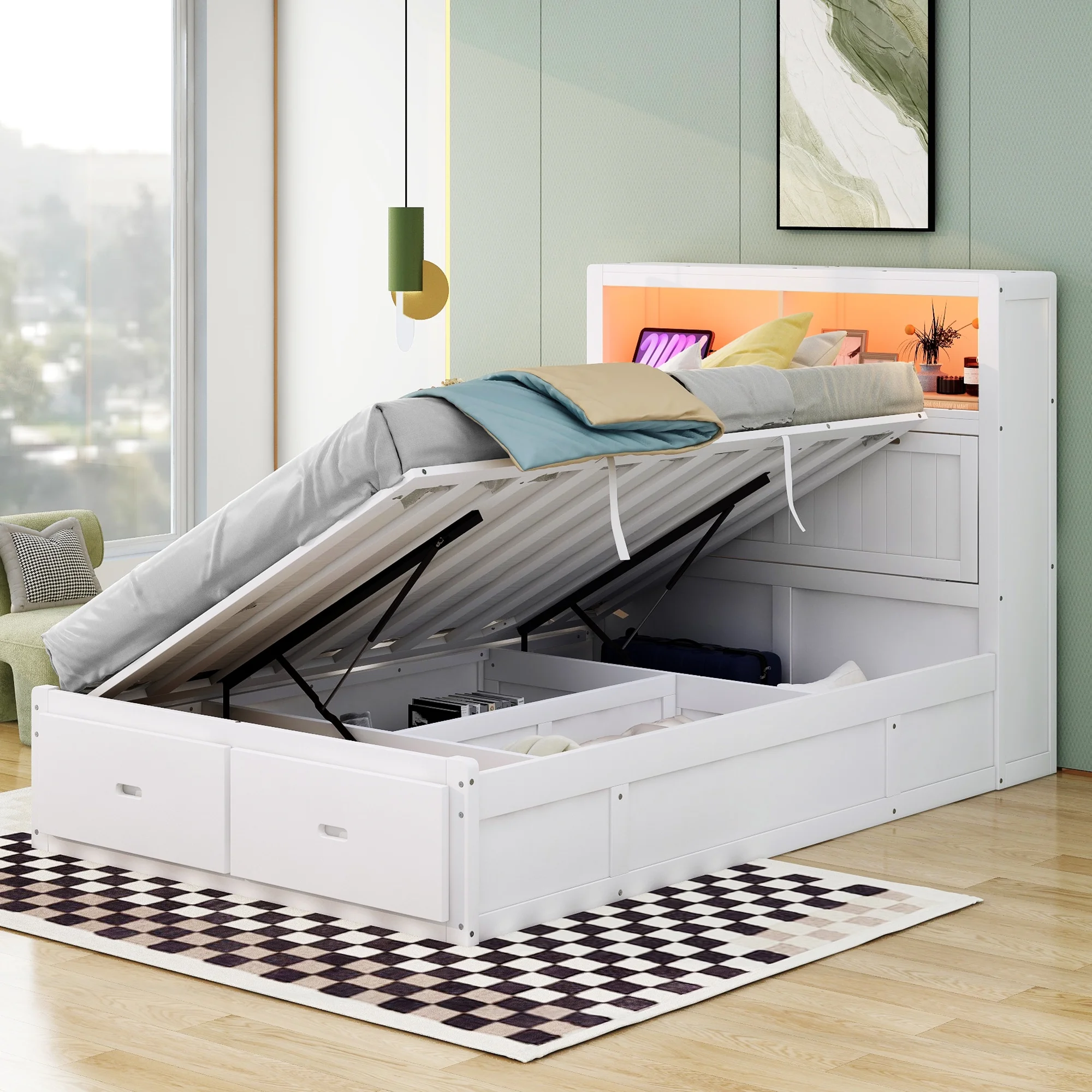 Churanty Full Size Platform Bed with Storage Shelves Headboard, Hydraulic Cabinets and 2 Drawers Underneath